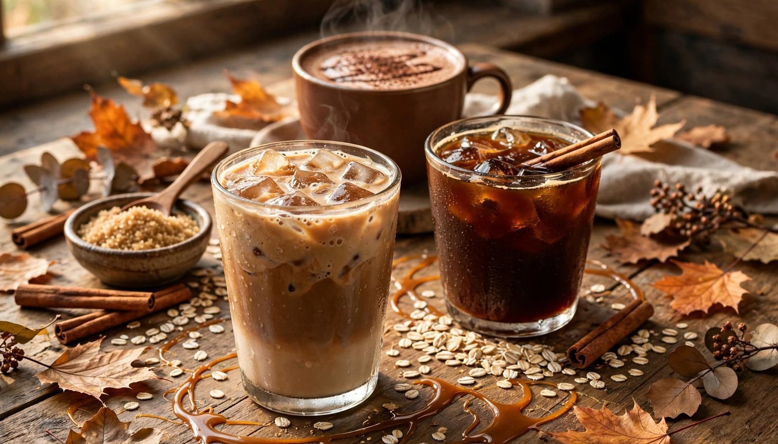 Three hot and iced coffee drinks arranged on a rustic table with autumn accents.