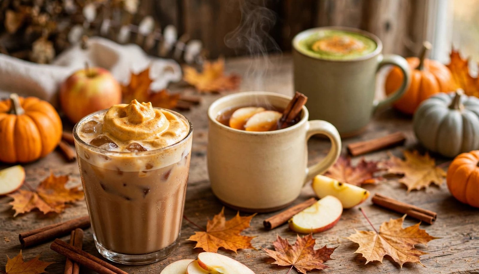 Three autumn drinks with pumpkins, apples, cinnamon, and maple leaves on a rustic table.