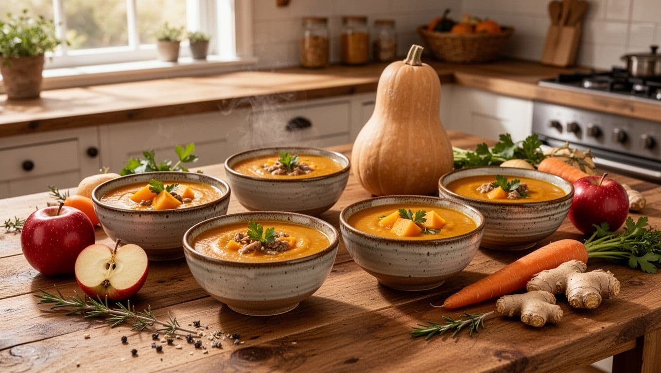 Four bowls of colorful autumn soup sit on a rustic kitchen table.
