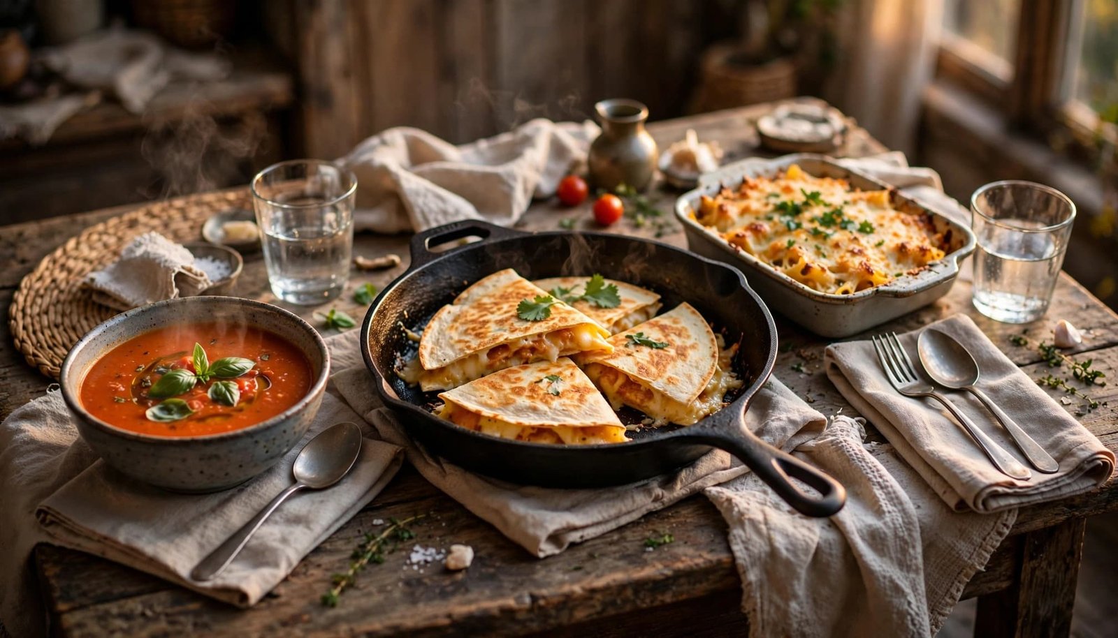 Tomato soup, cheesy quesadillas, and baked pasta arranged for two at a cozy kitchen table.