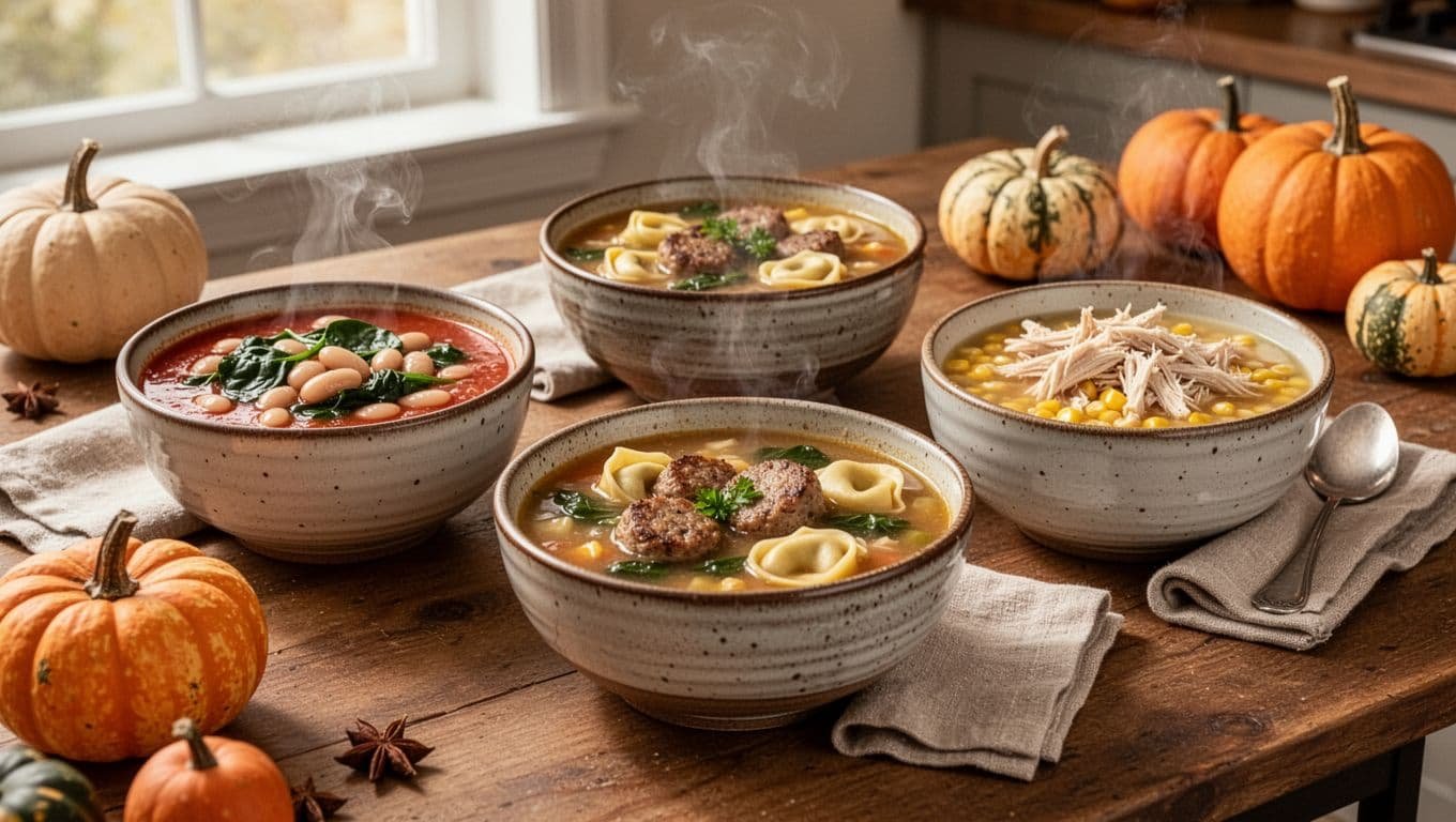 Three steaming bowls of hearty fall soup sit on a warmly lit kitchen table.