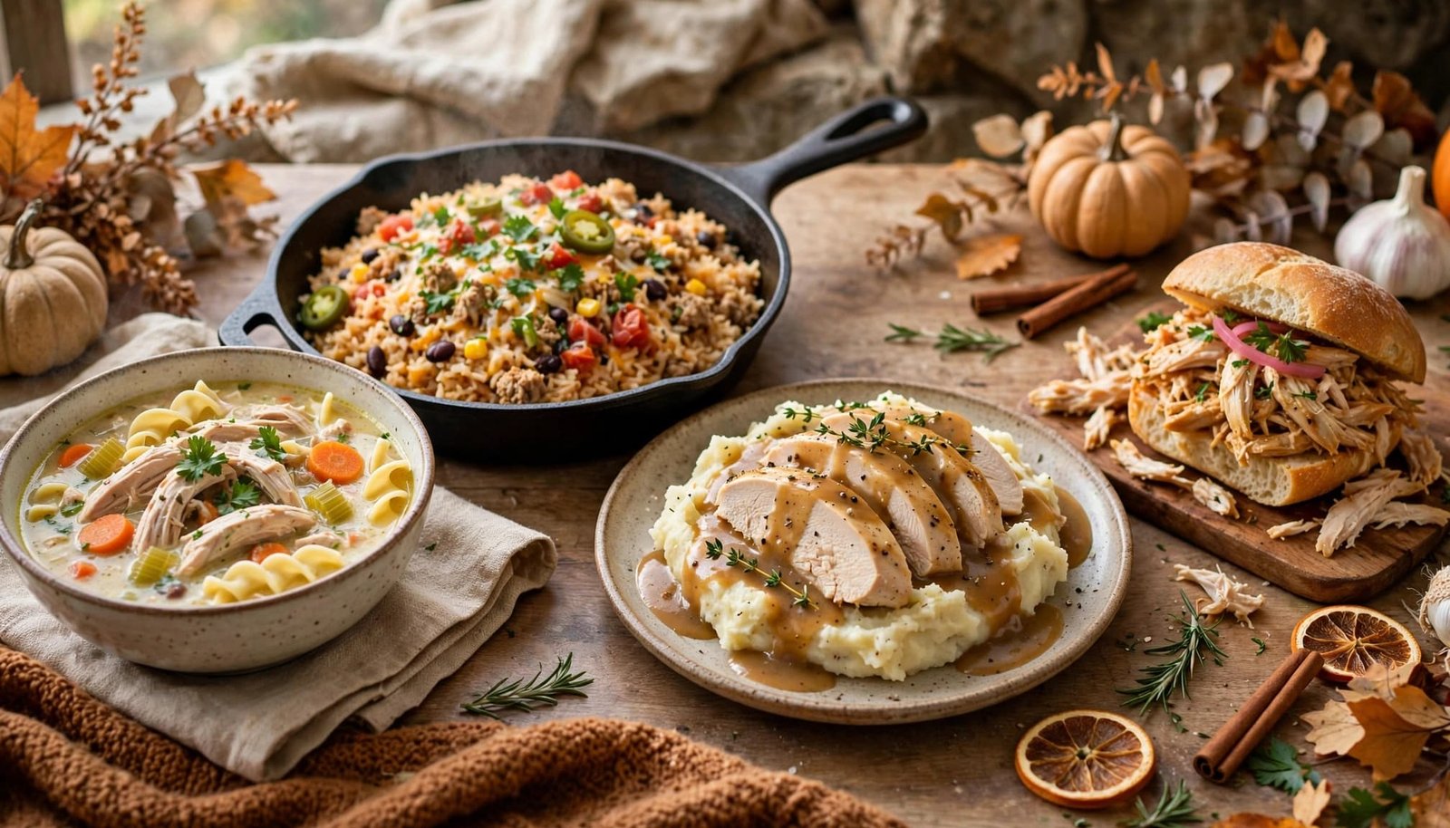 Four cozy chicken meals arranged on a kitchen counter in soft autumn light.