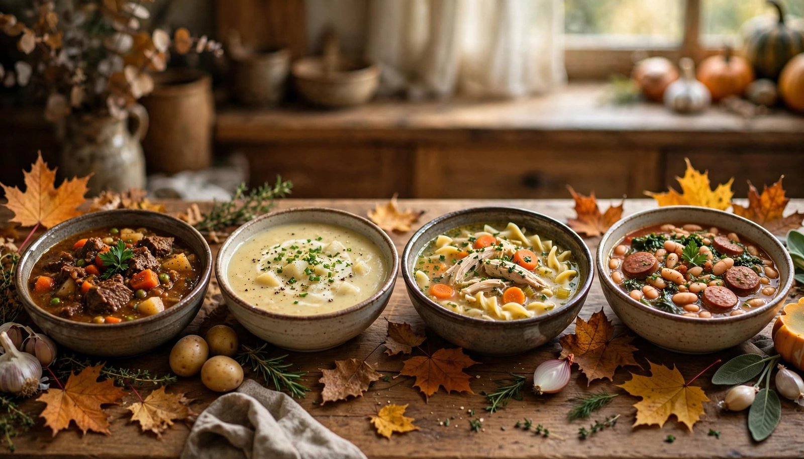 Four bowls of crockpot soups and stews sit on a wooden table with autumn leaves.