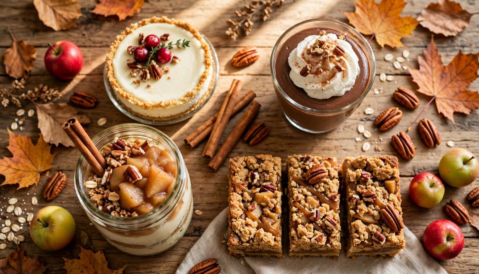 Four chilled fall desserts arranged on a rustic table with apples, pecans, cinnamon, and autumn leaves.