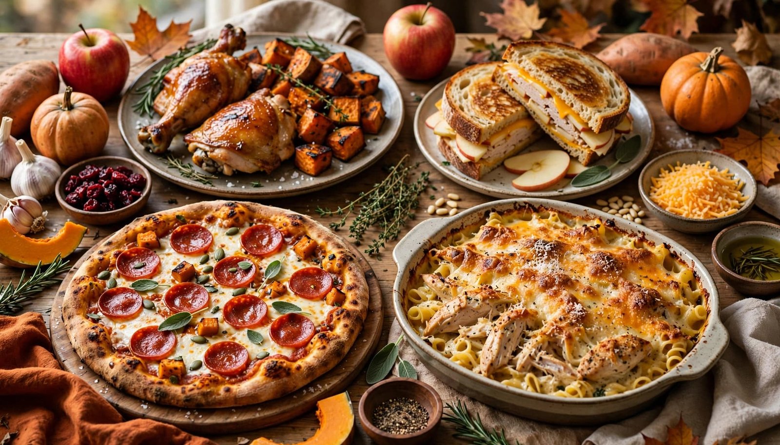 Four cozy fall dinners arranged on a warm kitchen table.