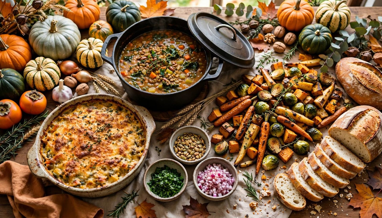 A cozy table holds soup, casserole, roasted vegetables, bread, and topping bowls.