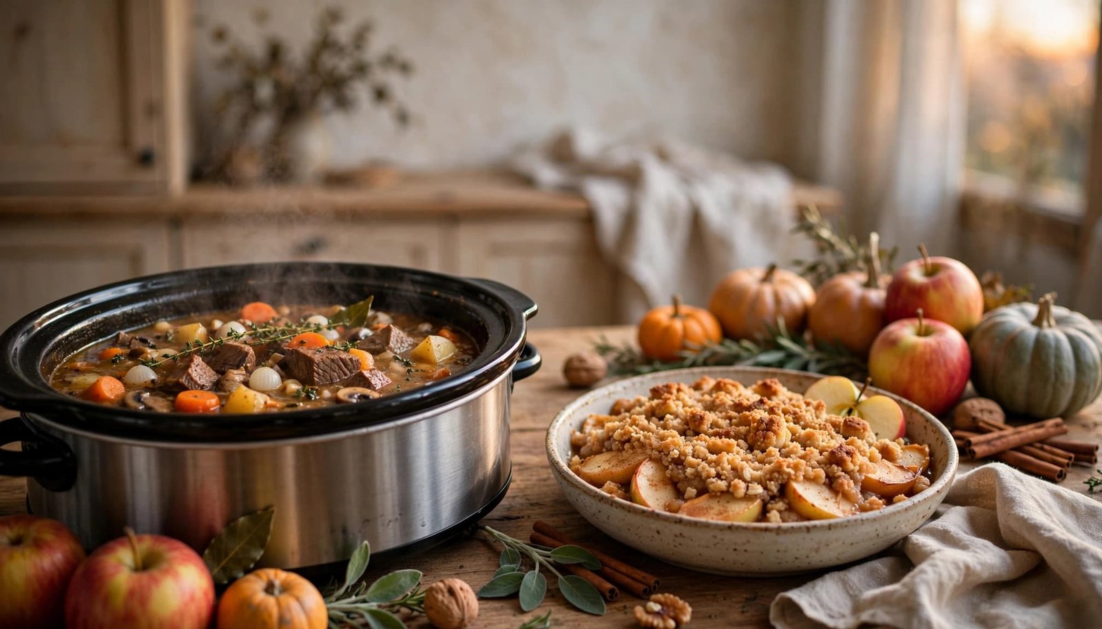 Slow cooker stew and apple dessert on a wooden table in a warm fall kitchen.