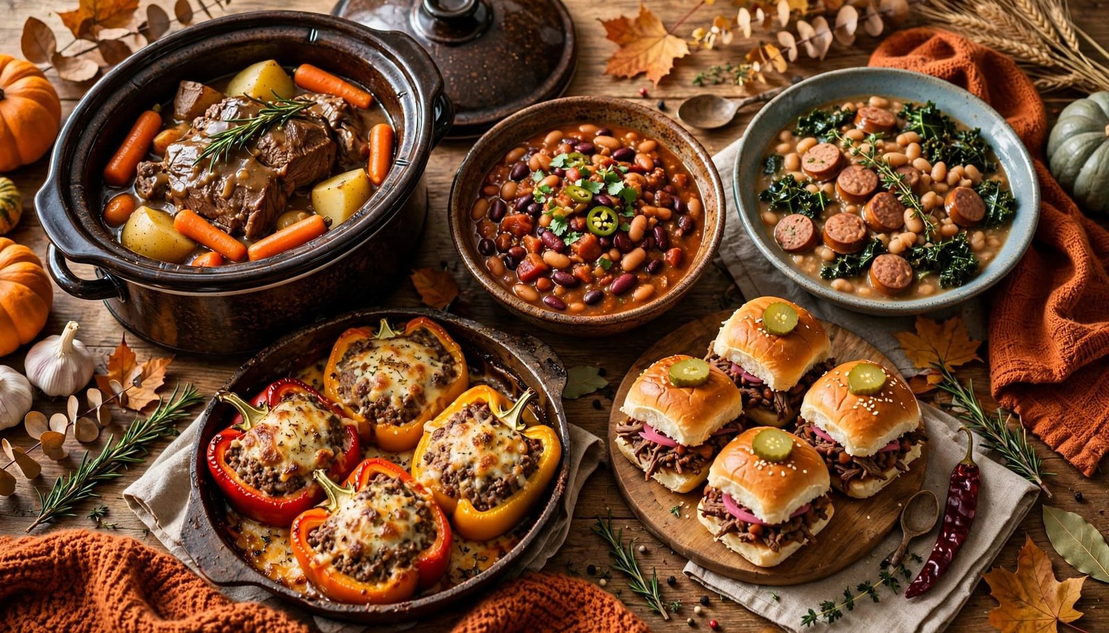 Five hearty slow cooker meals arranged on a rustic table in warm autumn light.