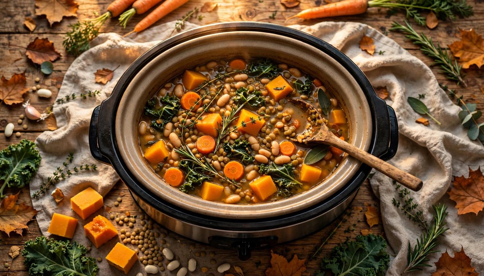 A crockpot filled with colorful fall vegetables, beans, lentils, kale, and herbs beside a wooden spoon.