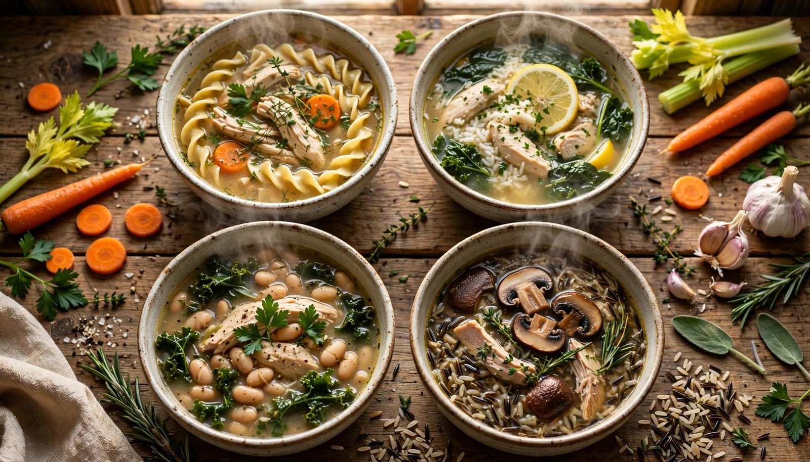 Four steaming bowls of chicken-based fall soup on a rustic wooden table.