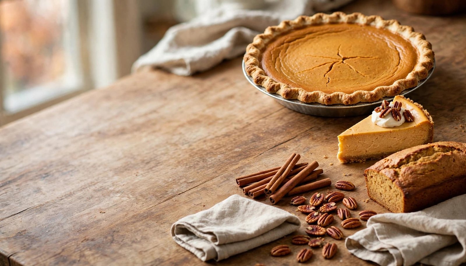 Pumpkin desserts and baking ingredients arranged on a warmly lit kitchen counter.