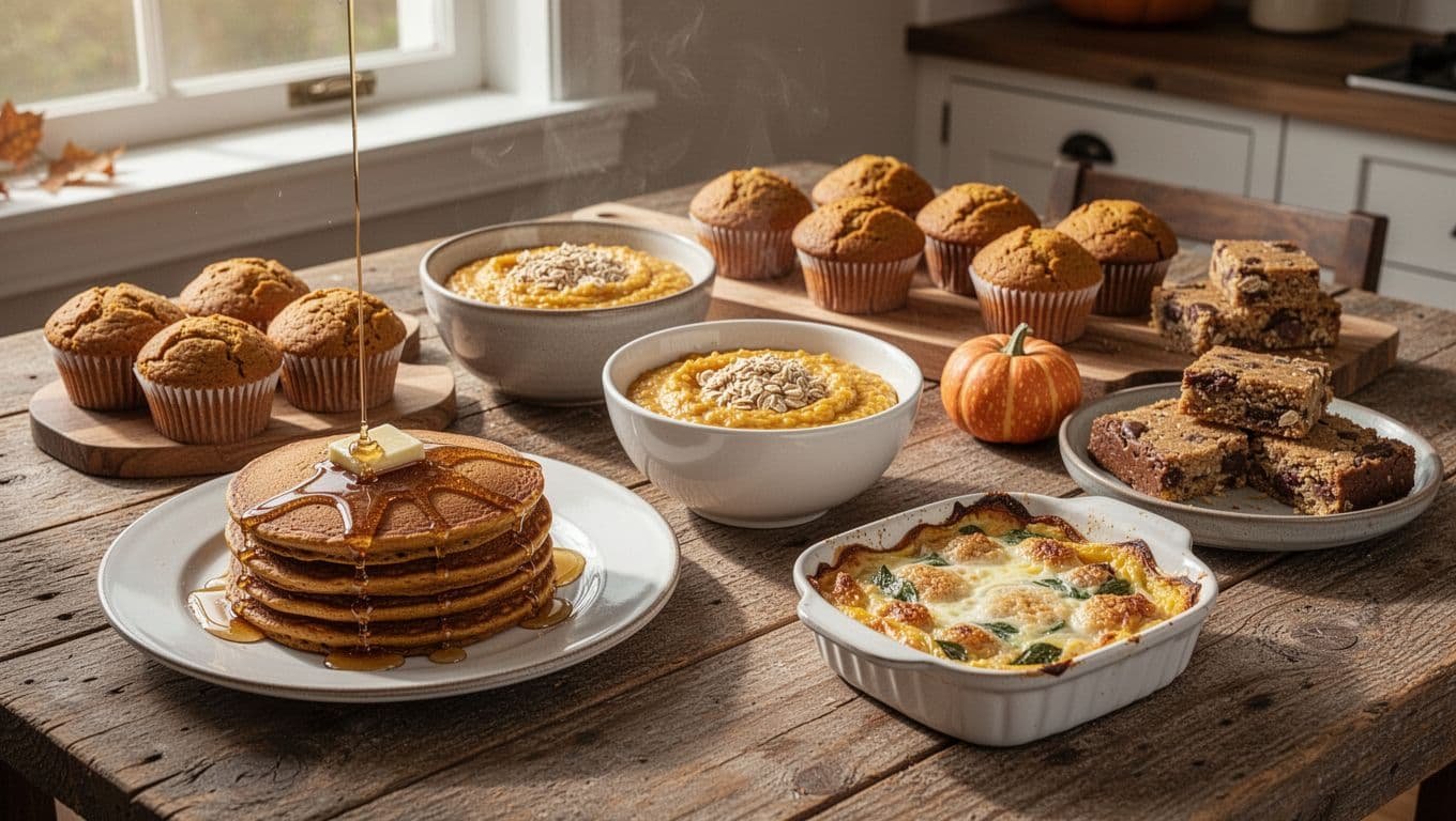 Pumpkin pancakes, oatmeal, muffins, baked bars, and egg bake on a rustic table.
