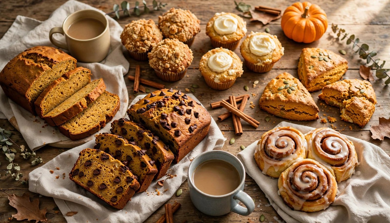 Pumpkin breads, muffins, scones, and cinnamon rolls arranged on a rustic table with coffee and a small pumpkin.