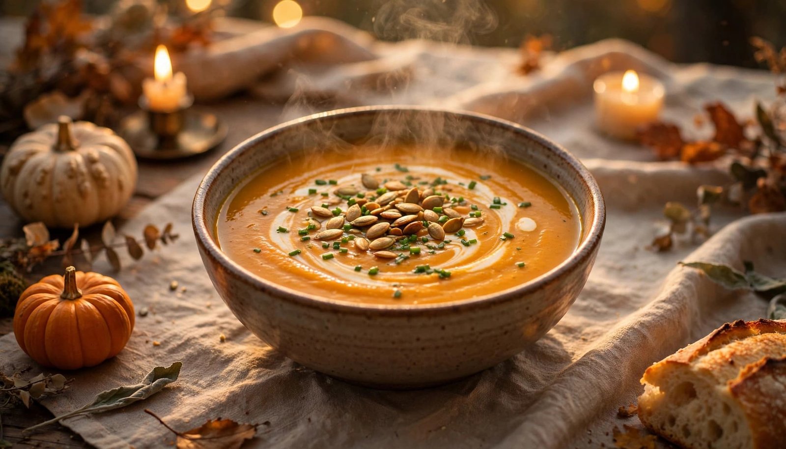 A bowl of creamy pumpkin soup with seeds and chives on a candlelit autumn table.