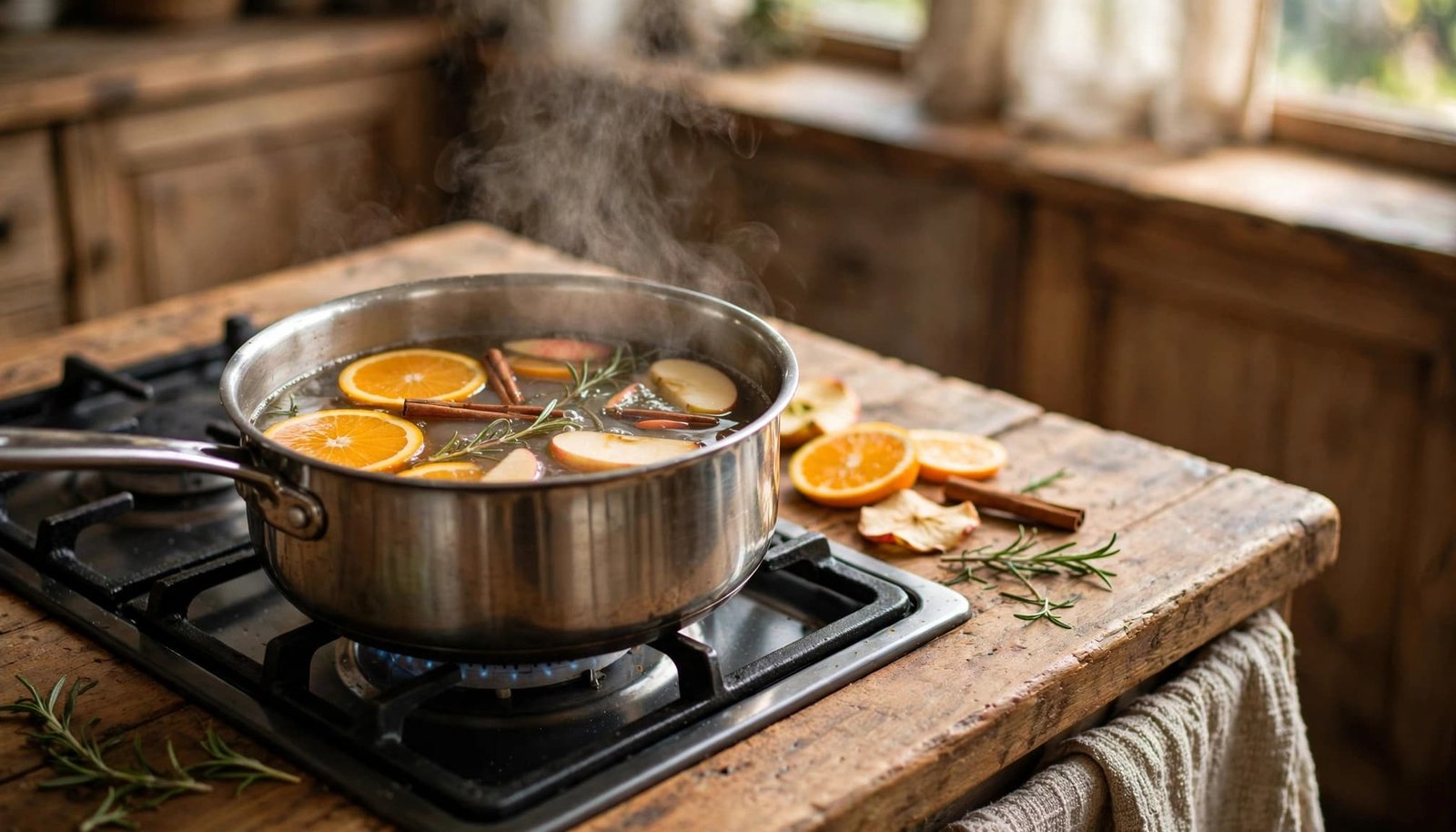 A saucepan simmers orange, apple, cinnamon, and rosemary on a rustic kitchen stovetop.