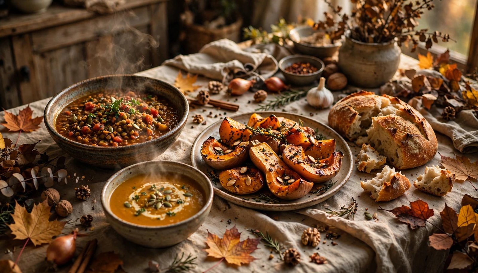 A rustic table with lentil chili, roasted squash, bread, and pumpkin soup.