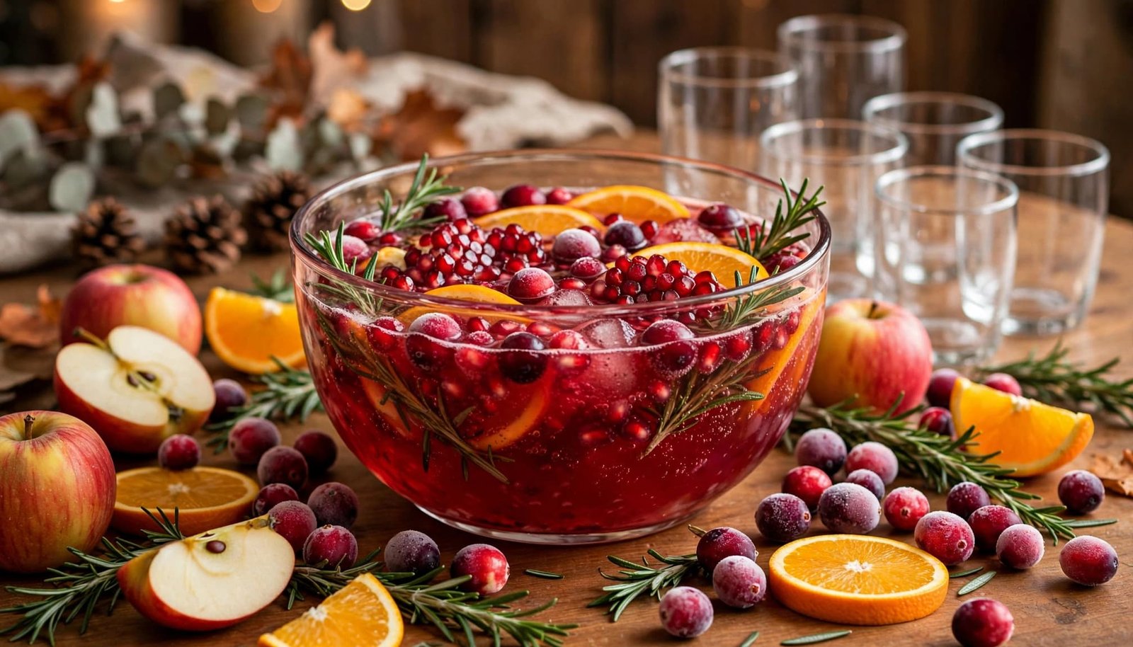 Ruby-red punch in a clear bowl with fruit, rosemary, and empty cups on a fall table.
