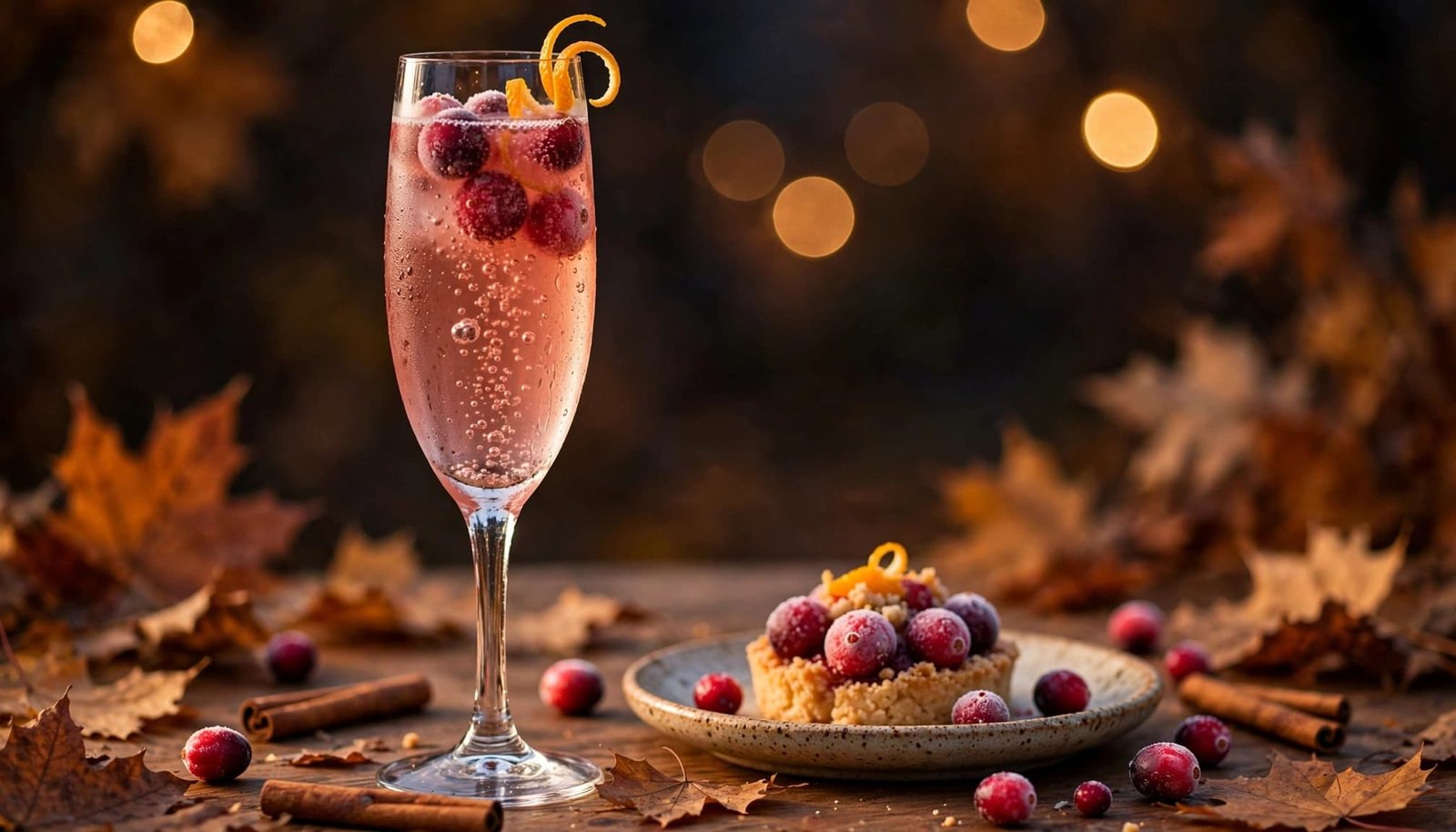 A cranberry Prosecco flute beside dessert, orange zest, cinnamon, and autumn leaves.