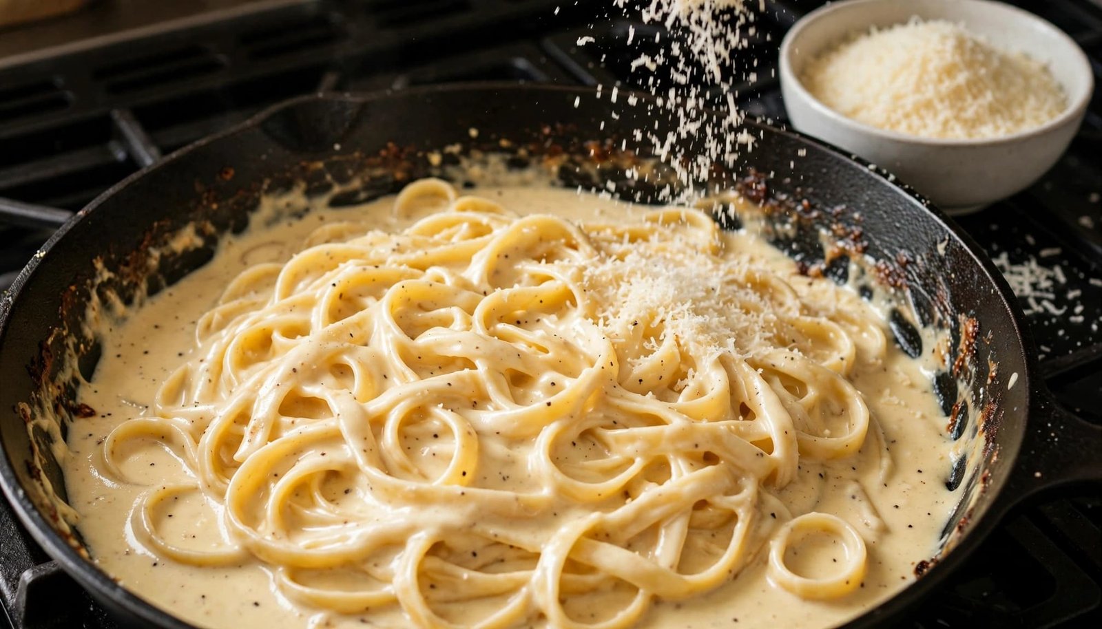 Creamy Alfredo fettuccine in a black skillet with grated Parmesan nearby.