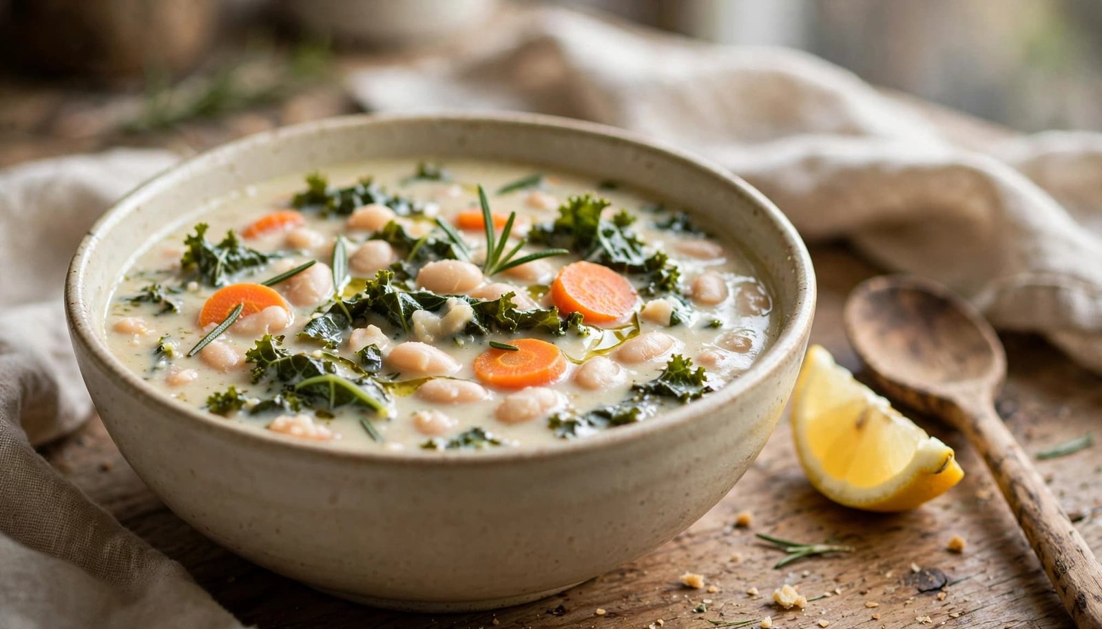 A bowl of creamy white bean and kale soup with carrots and rosemary.