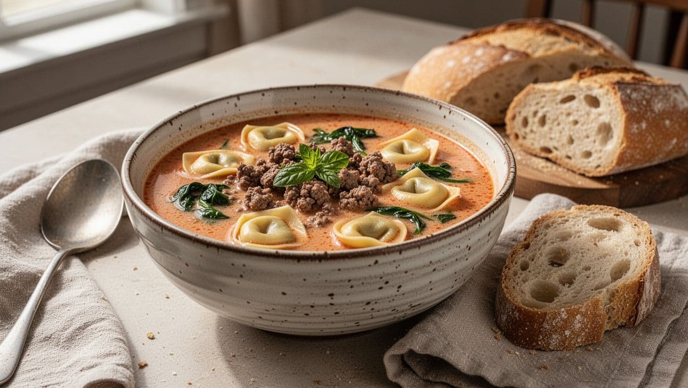 A bowl of creamy beef tortellini soup with spinach, bread, and a linen napkin.