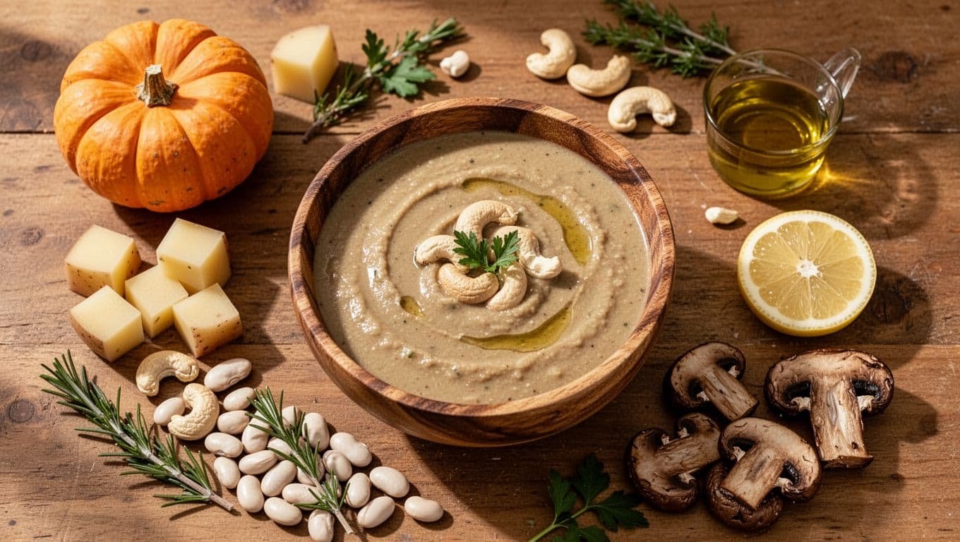 A creamy dairy-free soup bowl surrounded by autumn ingredients on a wooden table.