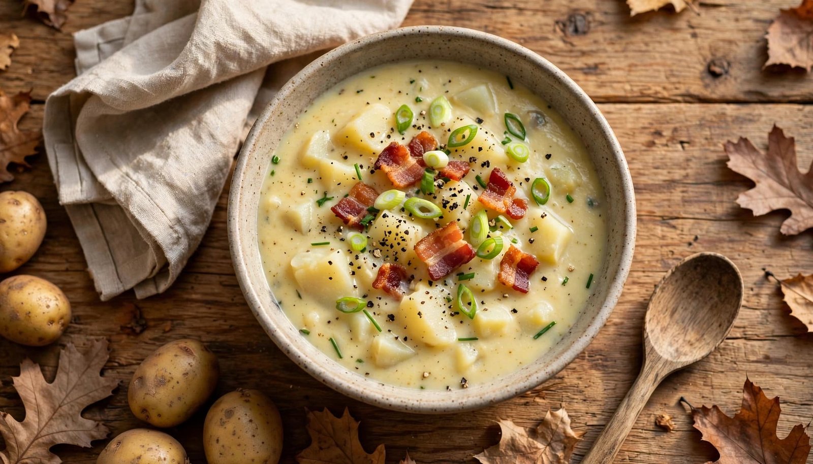 Creamy potato soup topped with bacon, green onions, chives, and pepper on a rustic table.