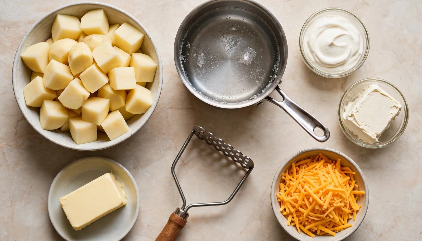 Potatoes and mashed potato ingredients arranged beside a pot and masher.