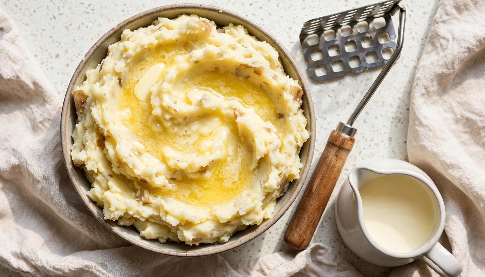 Bowl of mashed potatoes with a masher, melting butter, and warm cream nearby.