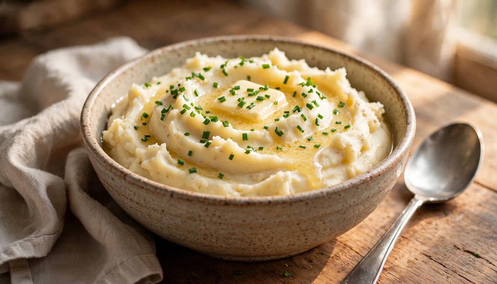 Bowl of creamy mashed potatoes topped with butter and chives beside a spoon and linen napkin.