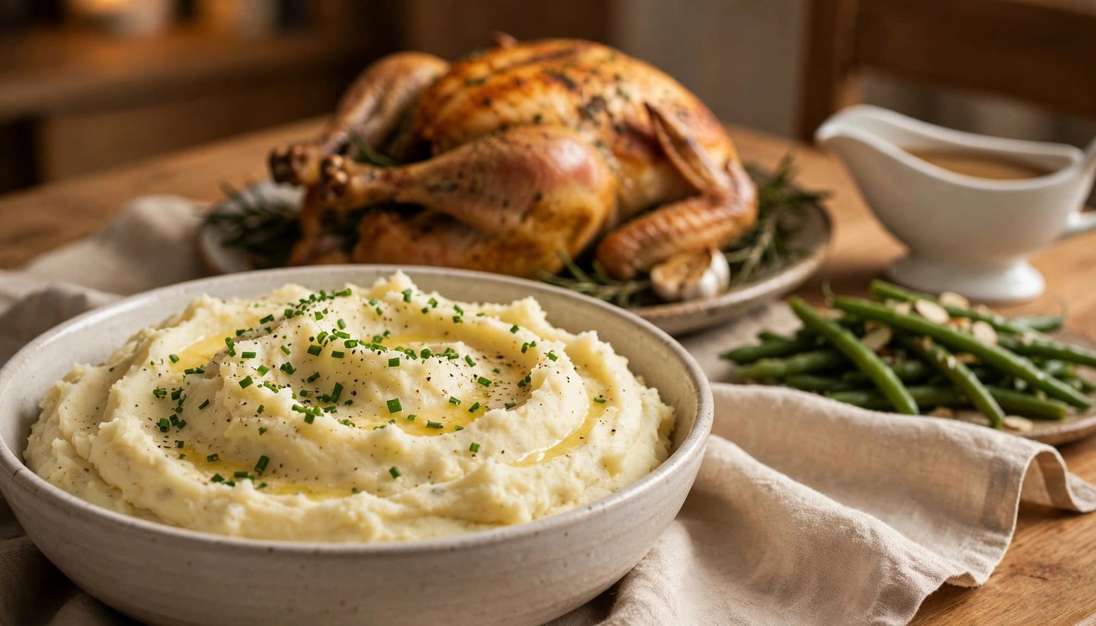 Creamy mashed potatoes beside roast chicken, green beans, and gravy on a warm dinner table.