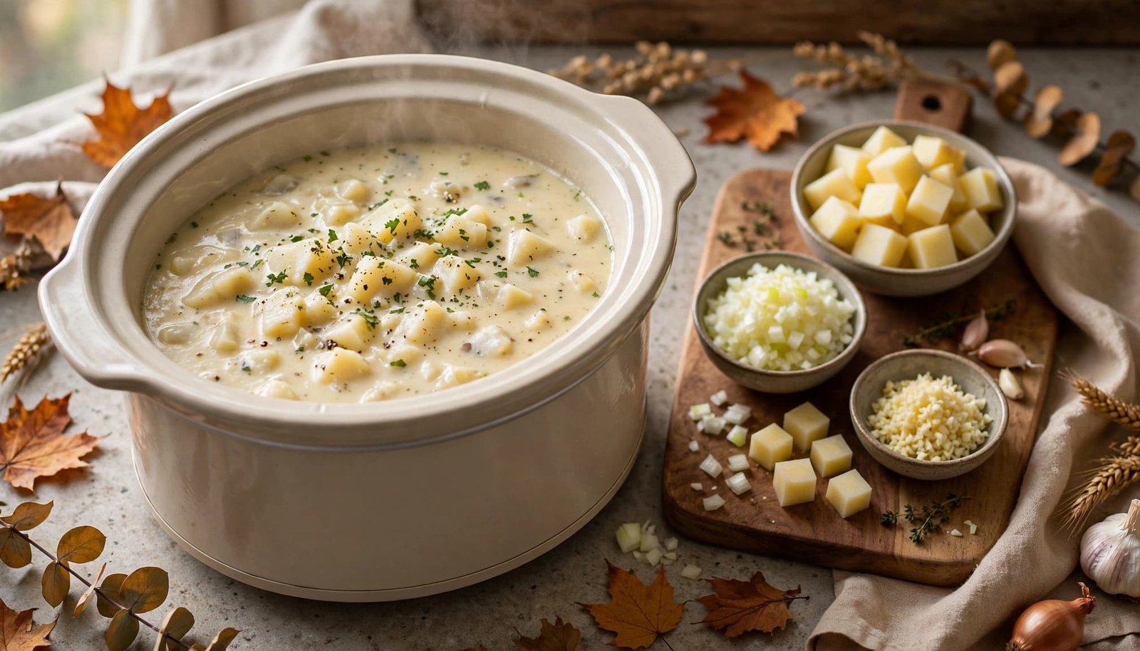 Slow cooker of creamy potato soup beside chopped vegetables on a kitchen counter.
