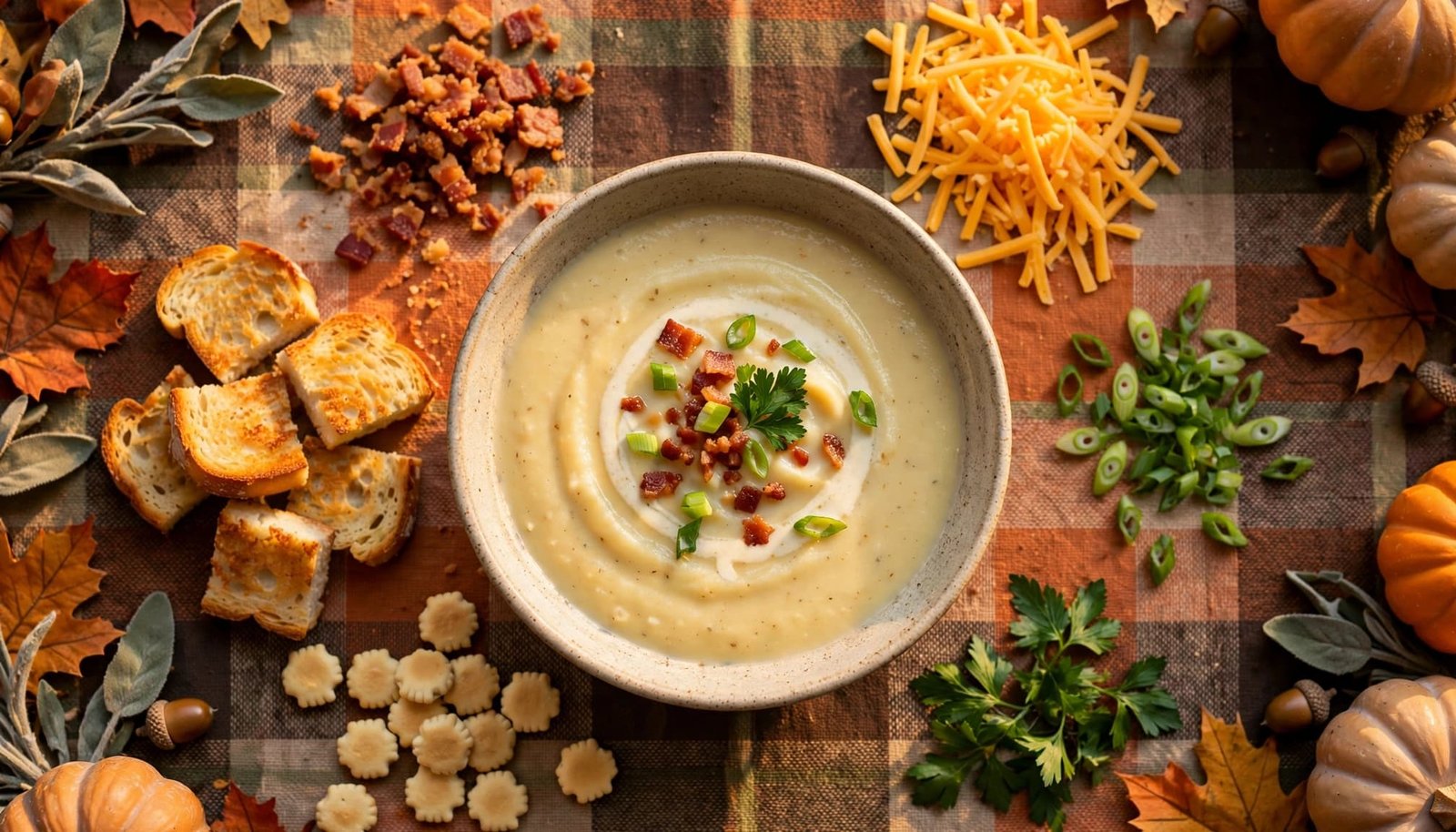 Creamy potato soup surrounded by bacon, cheese, herbs, bread, and crackers.