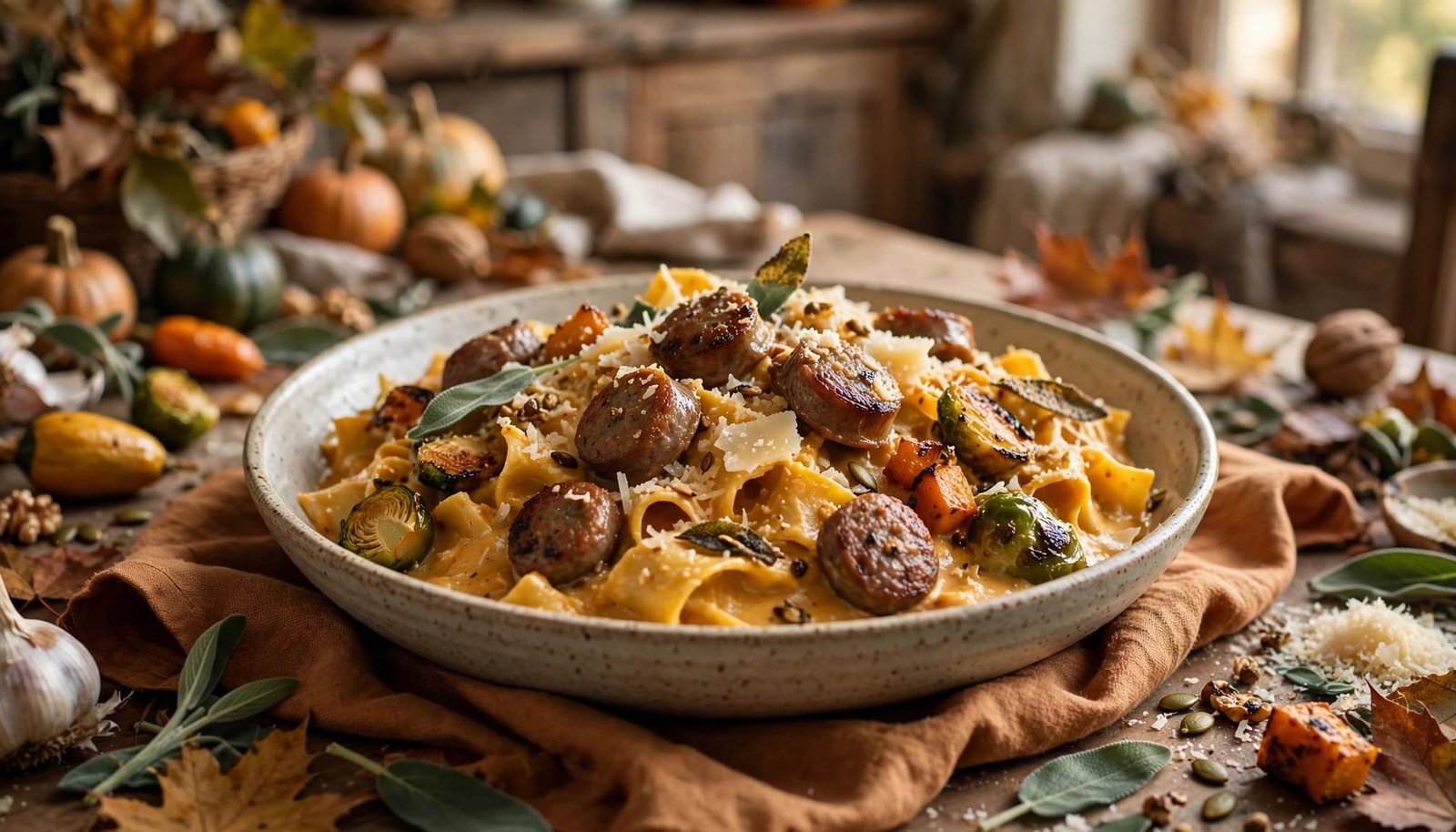 Creamy pumpkin pasta with sausage, Parmesan, sage, and roasted vegetables on a rustic table.