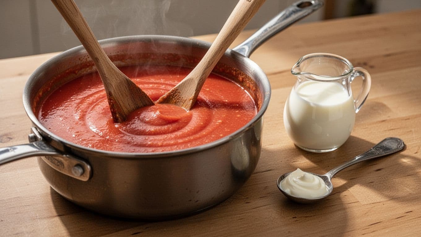 Creamy tomato soup is stirred in a saucepan beside milk and cream.