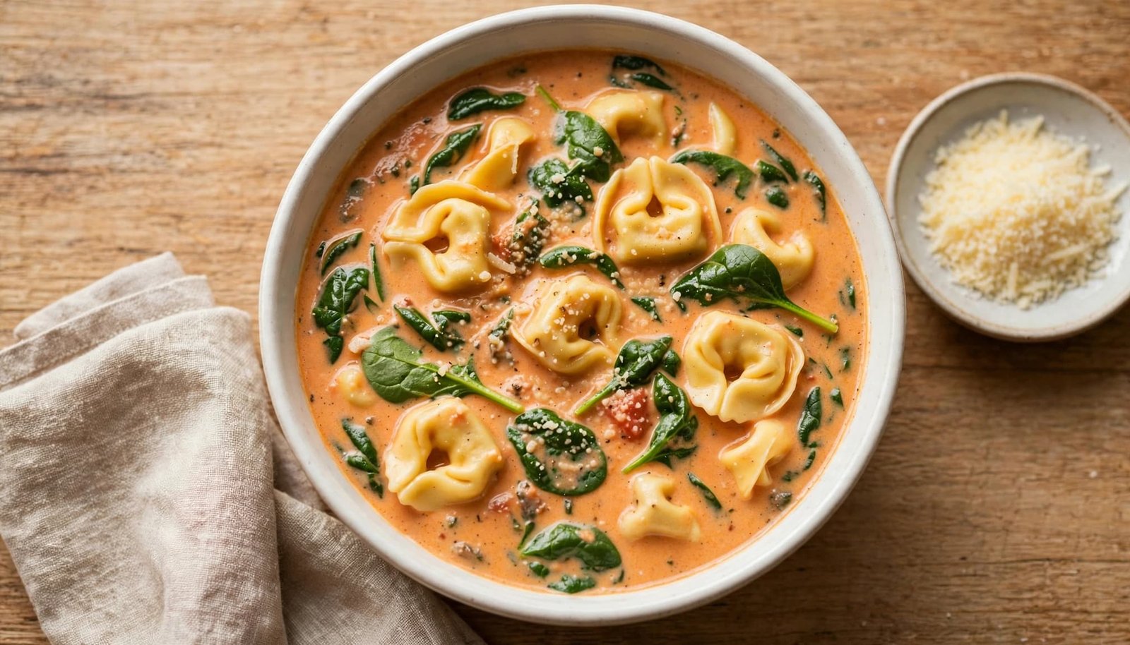 Creamy tomato soup with tortellini and spinach in a white bowl beside Parmesan.