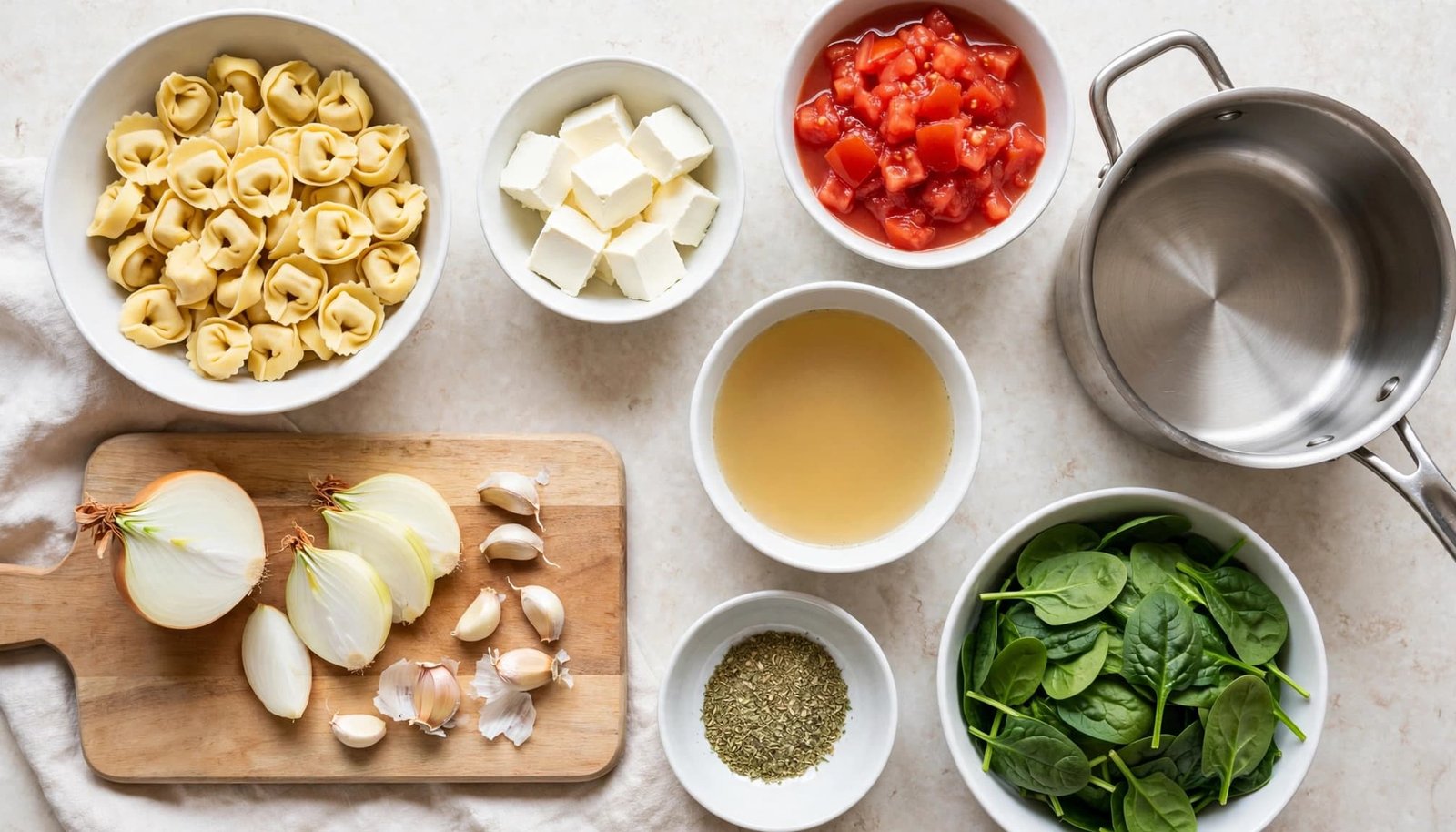 Soup ingredients arranged in bowls beside a pot and cutting board.