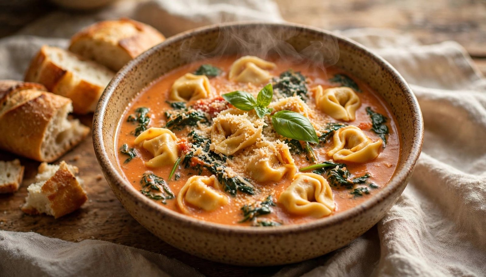 A bowl of creamy tomato tortellini soup with spinach, Parmesan, basil, and bread.