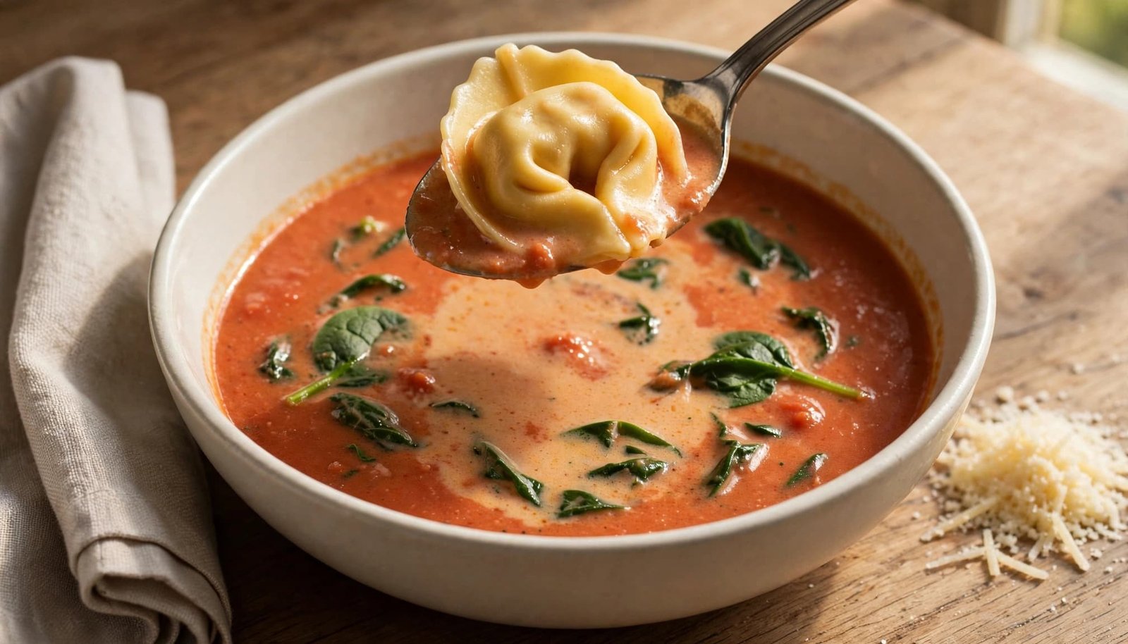 Spoon lifting a cheese tortellini from creamy tomato soup with spinach.