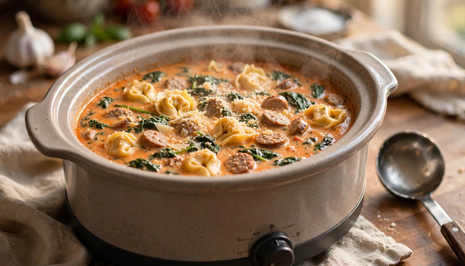Open slow cooker filled with creamy tortellini soup, spinach, sausage, and Parmesan beside a ladle.