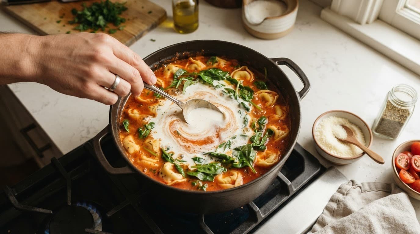 Homemade Ground Beef Creamy Tortellini Soup