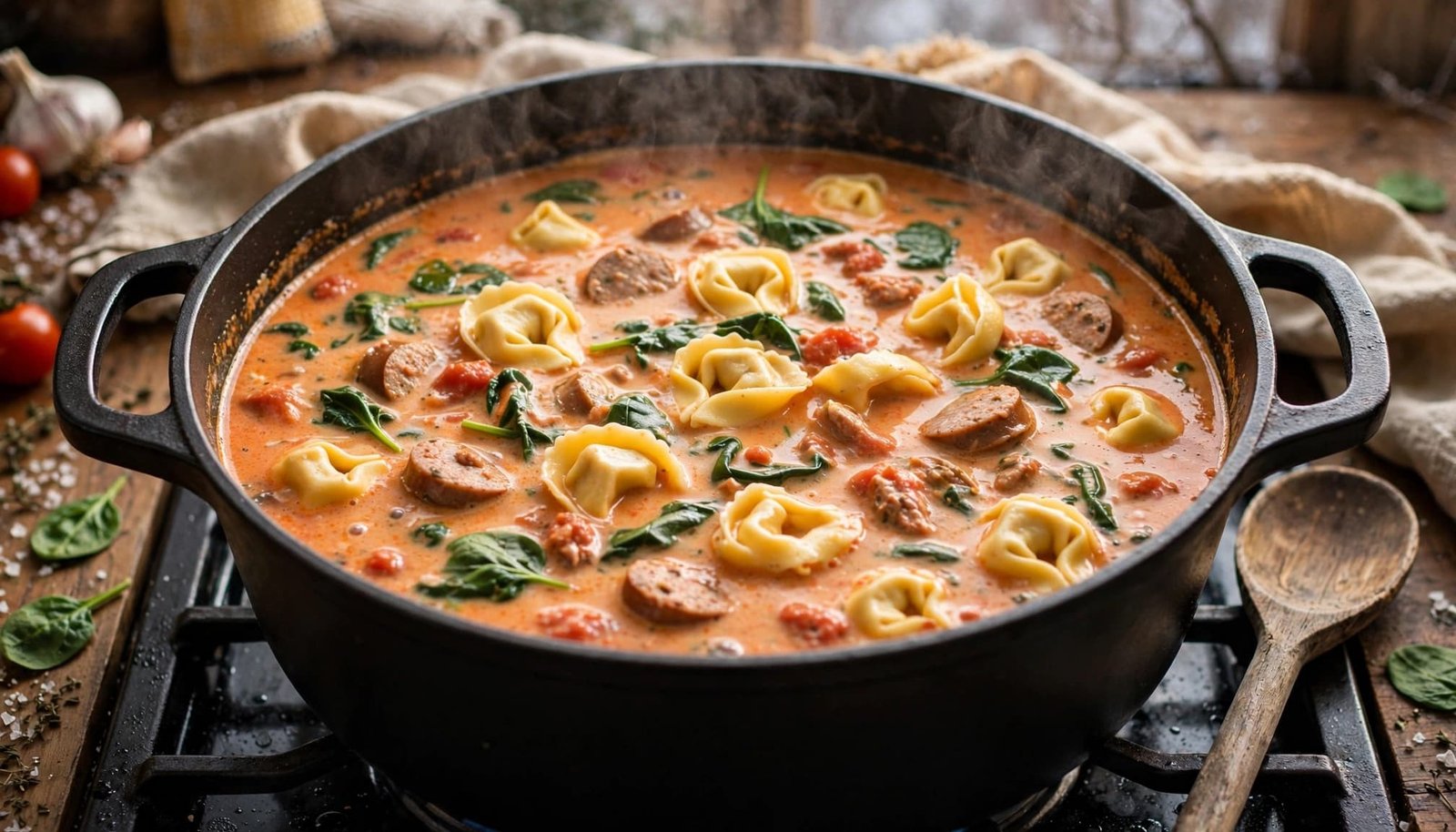 A steaming pot of creamy tortellini soup with sausage and spinach on a stovetop.