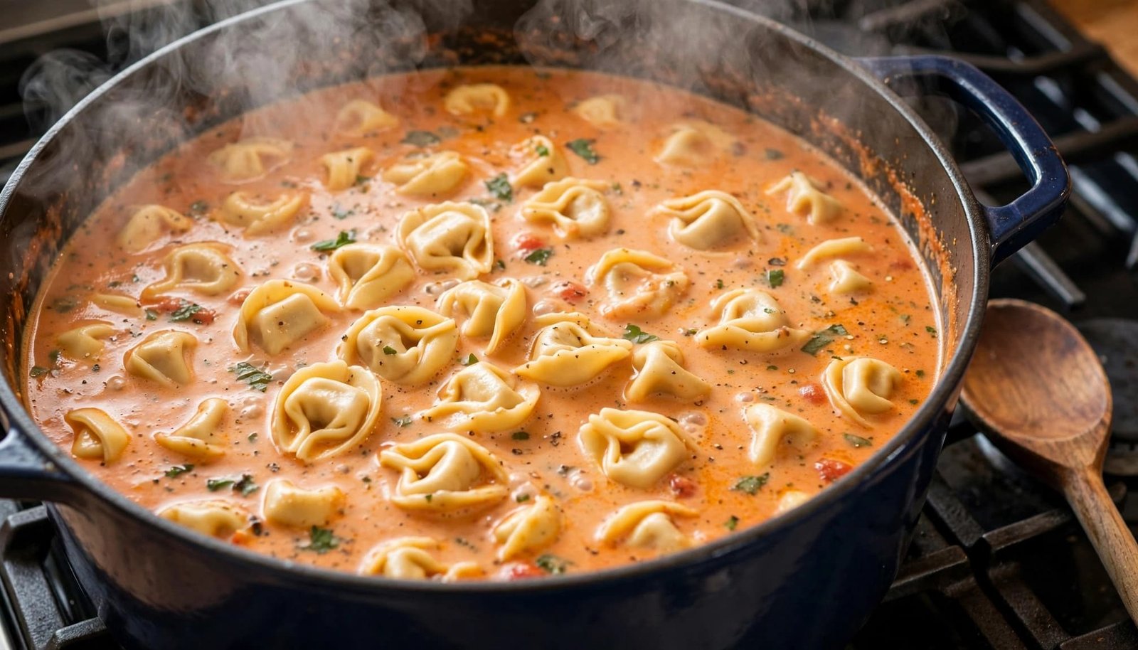 Steaming tortellini soup in a Dutch oven with a wooden spoon beside it.