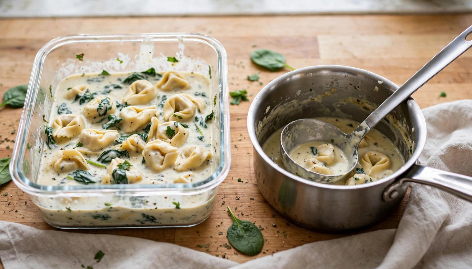Leftover creamy tortellini soup in a glass container beside a saucepan and ladle.