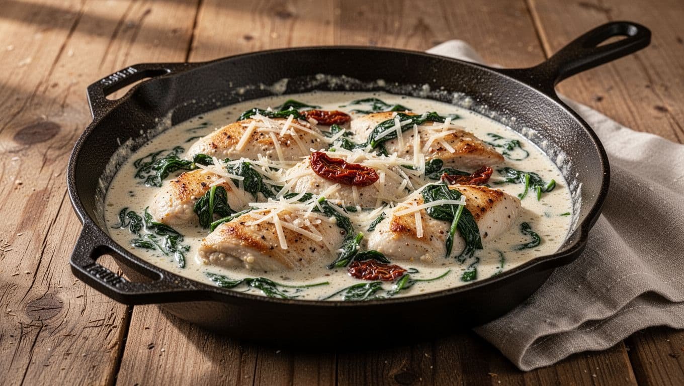 Creamy chicken with spinach and tomatoes in a dark skillet.