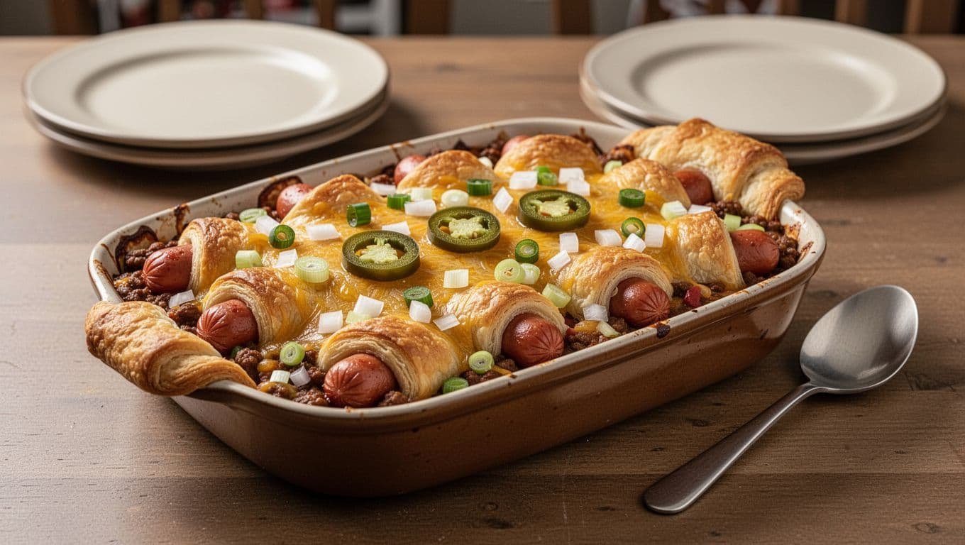 Crescent roll hot dog casserole with cheese, onions, jalapeños, and green onions.