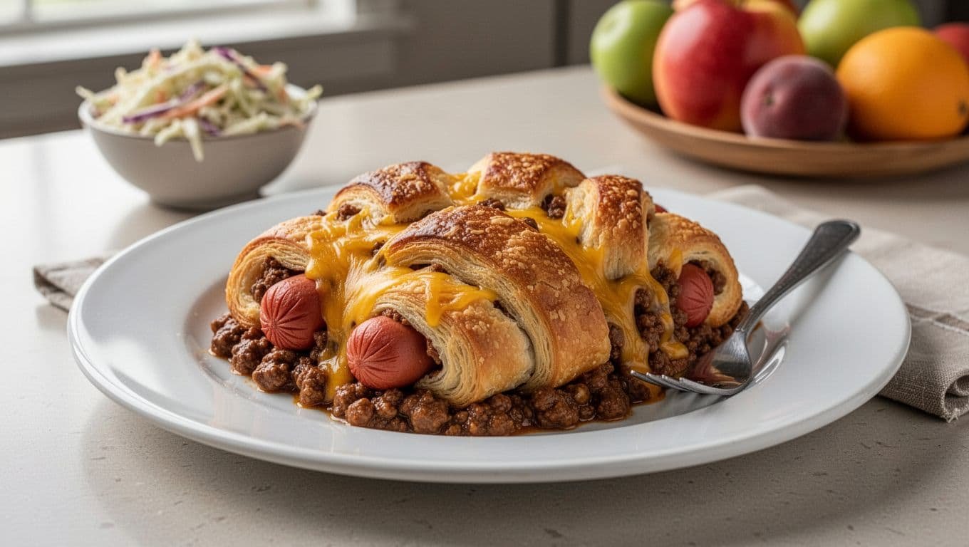 A plated crescent roll casserole with chili, cheddar, coleslaw, and fruit.