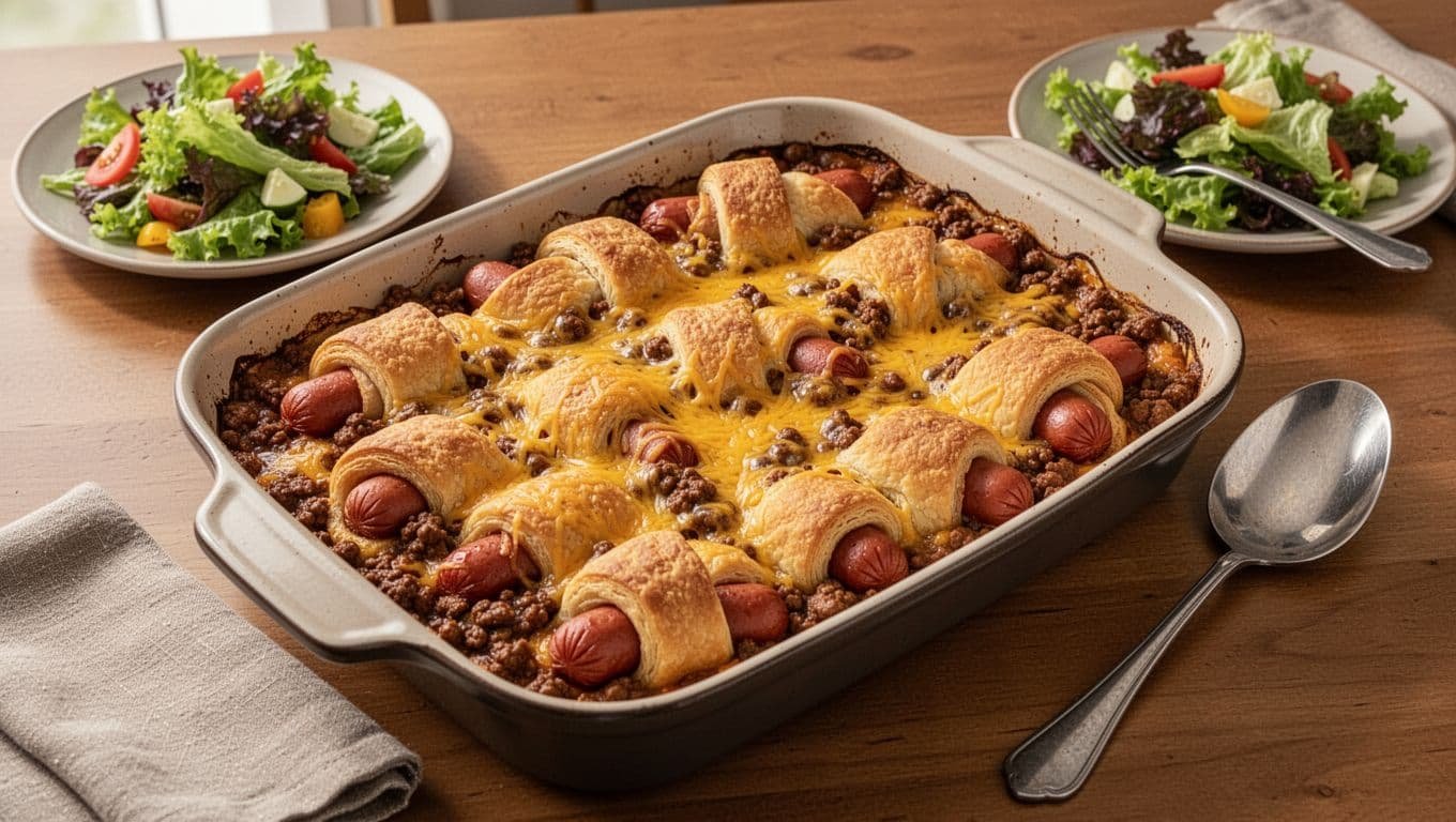 Golden crescent-wrapped hot dogs baked with chili and cheddar beside a simple salad.