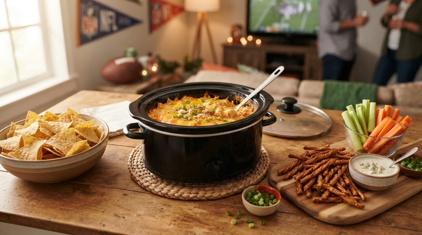 Creamy dip with chips, celery, and pretzels arranged around a slow cooker.