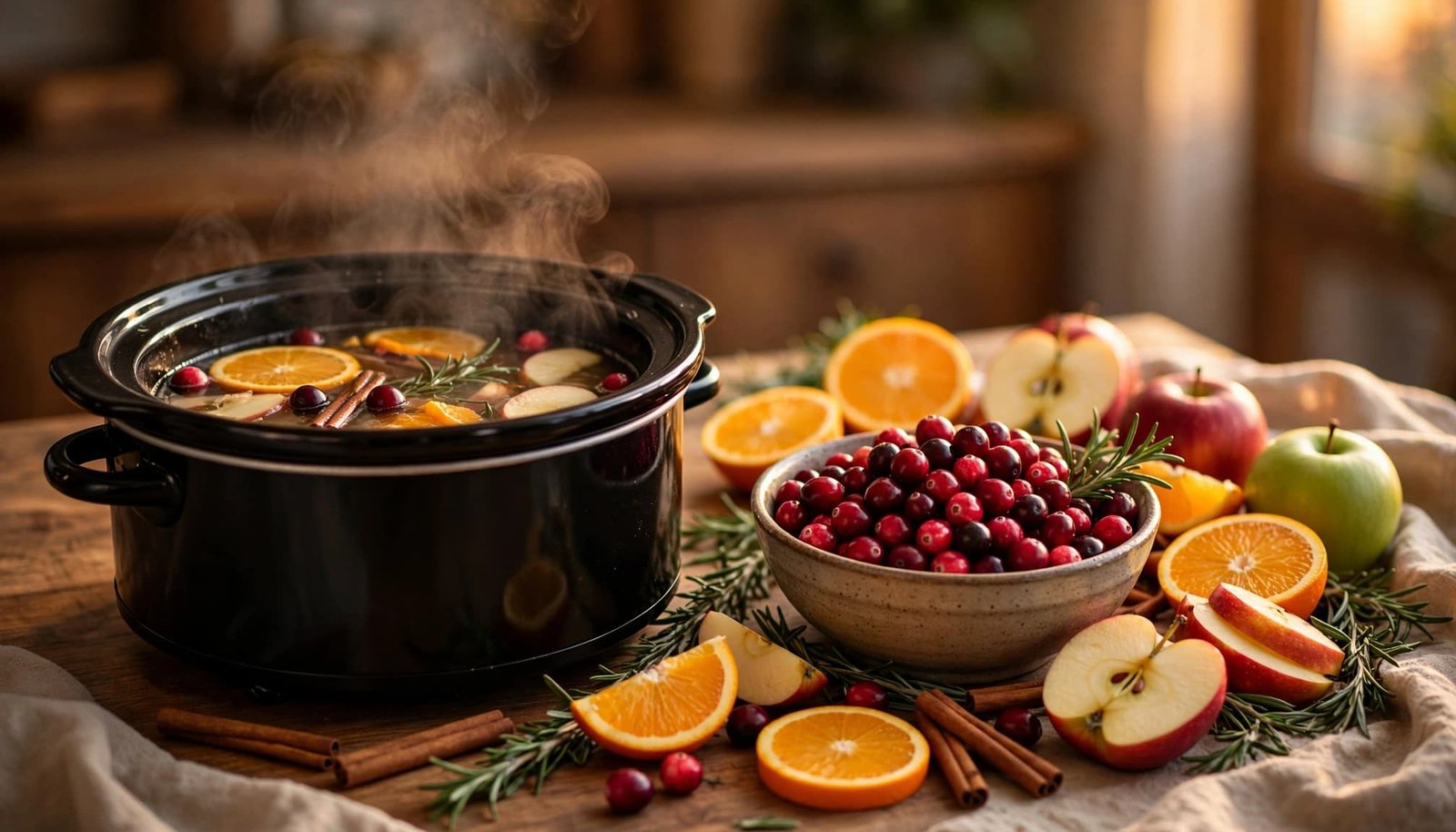 A crockpot beside cranberries, citrus slices, apples, cinnamon, and rosemary in warm kitchen light.